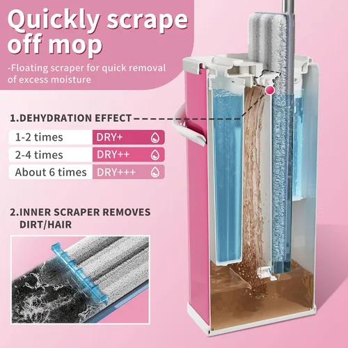 Vista 4 de Separa el trapeador de agua sucia, la fregona plana y el cubo para el hogar con 4 recambios adicionales, trapeador de acero inoxidable y cubo