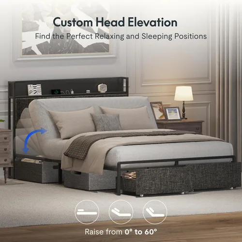 Vista 4 de FLEXISPOT Cama ajustable Queen con cabecera de almacenamiento, estación de carga, inclinación de la cabeza, iluminación LED, cajones