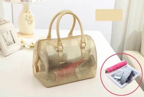 Vista 4 de Bolso de cristal transparente de color caramelo con forma de almohada de gelatina de verano para mujer