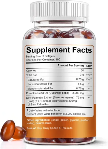 Vista 2 de Aceite de semilla de calabaza con extracto de palmito en cápsulas blandas, 3000 mg por porción, 300/600 cápsulas blandas Prensado en frío