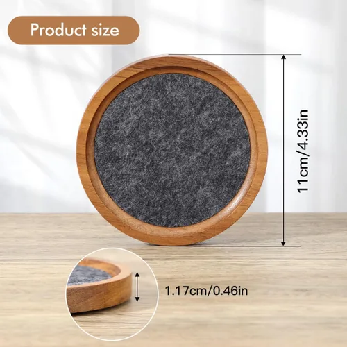 Vista 4 de Posavasos de madera de acacia para bebidas, 4.13 pulgadas, de fieltro de madera para mesa auxiliar, juego de 6 con soporte, posavasos apilables