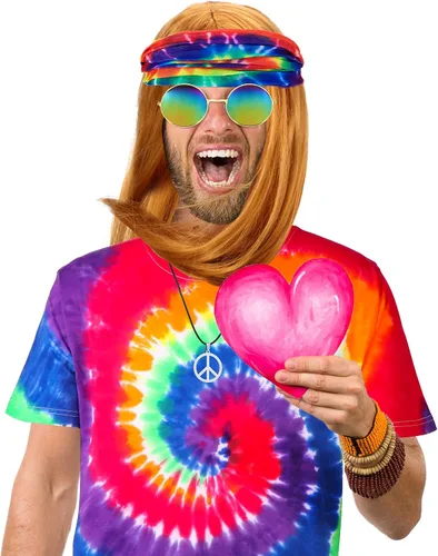 Vista 4 de El disfraz hippie de 5 piezas incluye una camiseta colorida de teñido anudado, peluca marrón dorado, collar de signo de la paz, diadema y lentes