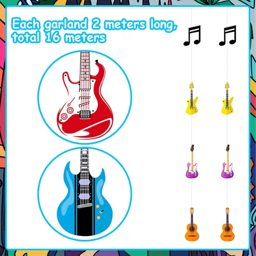 Vista 6 de 8 piezas de decoración de serpentinas con temática musical, notas musicales de rock and roll, guirnalda de guitarra, pancartas para colgar