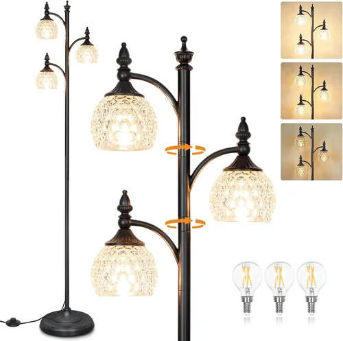 Vista 15 de JUNNAI Lámparas de pie negras para sala de estar, lámparas de pie de 66.5 pulgadas con pantalla de cristal, luces de brillo de 3 vías, lámpara