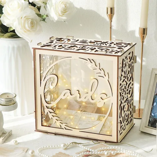 Vista 8 de OurWarm Caja de Tarjetas de Boda para Recepción, Cajas de Tarjetas de Boda de Madera con Ventana, Caja de Tarjetas de Regalo de Dinero con Sobre