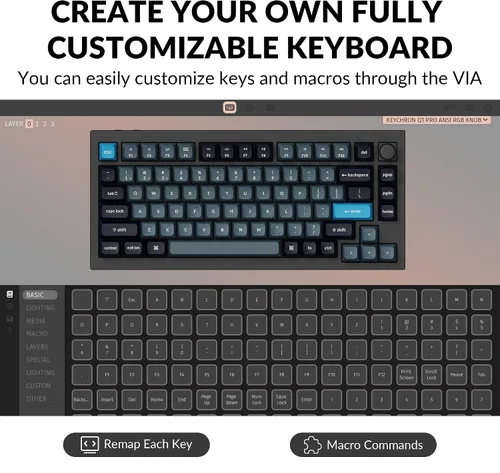 Vista 4 de Keychron Q1 Pro Teclado mecánico inalámbrico personalizado, QMKVIA programable de aluminio completo 75% diseño BluetoothRGB con cable