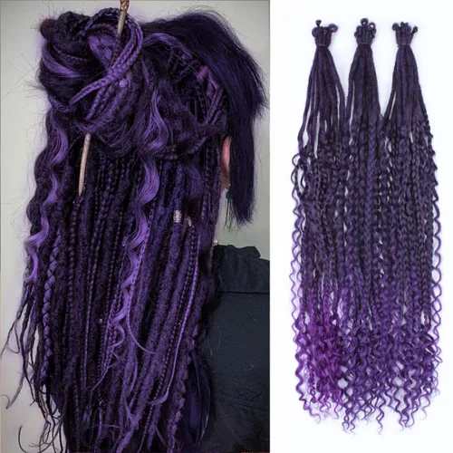 Vista 65 de Extensiones de rastas trenzadas bohemias de 24 pulgadas, 10 hebras de rastas sintéticas rizadas color marrón degradado con trenza de caja, rastas