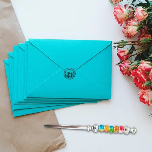 Vista 8 de 5 abrecartas con cuentas, sobre de acero inoxidable con 30 cuentas surtidas de agujeros grandes para manualidades, suministros de oficina, regalo
