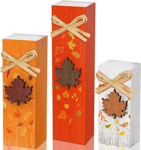 Vista 8 de BBTO 3 piezas de decoración de mesa de madera de otoño, letrero de bloque de mesa de otoño, centro de mesa de Acción de Gracias, centro de mesa