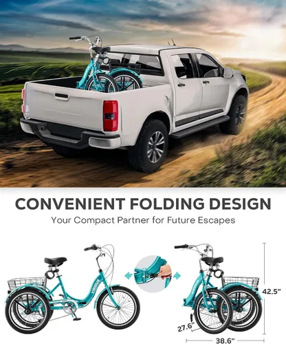 Vista 3 de VIRIBUS Triciclo plegable para adultos, triciclo plegable de 20 pulgadas para adultos de 1 o 7 velocidades con cesta, bicicletas plegables de 3