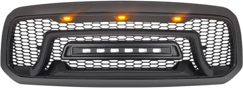Vista 3 de Rejilla delantera compatible con Dodge Ram 1500 2013-2018, Ram 1500 Classic 2019-2023, parrilla de parachoques negra mate con luces todoterreno