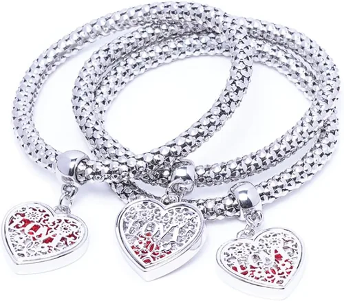 Vista 14 de SILANER Pulseras multicapa con dijes de cristal, 3 pulseras de cadena de maíz de oro/plata/oro rosa para mujer, pulsera elástica en forma de corazón