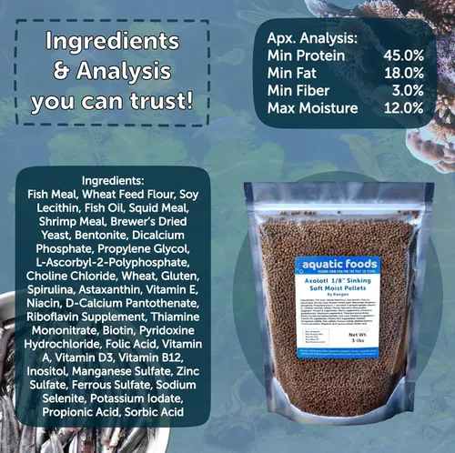 Vista 4 de Axolotl Food, pellets de hundimiento húmedo suave de 1/8 pulgadas, pellets de salmón de Rangen para ajolote pequeño. También camarones, caracoles