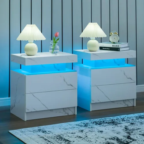 Vista 15 de Juego de 2 mesitas de noche LED negras, juego de 2 mesitas de noche modernas con 2 cajones, mesa auxiliar con luces LED para dormitorio, sala