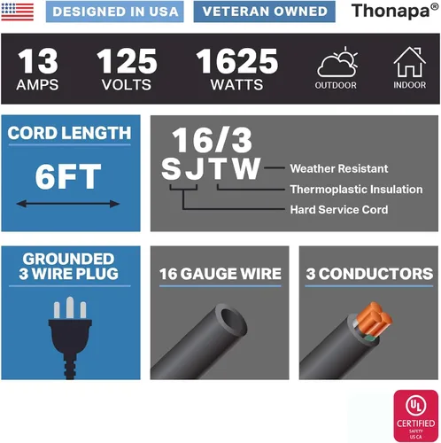Vista 2 de Cable de Extensión para Exteriores de 13 Amperios de 6 pies, SJTW 16/3 de 6 pies, Cable de Extensión Negro de 3 Clavijas, Cable de Alimentación