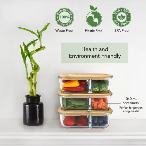 Vista 6 de EcoPreps Contenedores de vidrio para preparación de comidas con tapas de bambú, juego de recipientes de vidrio de 2 compartimentos (paquete de 3)