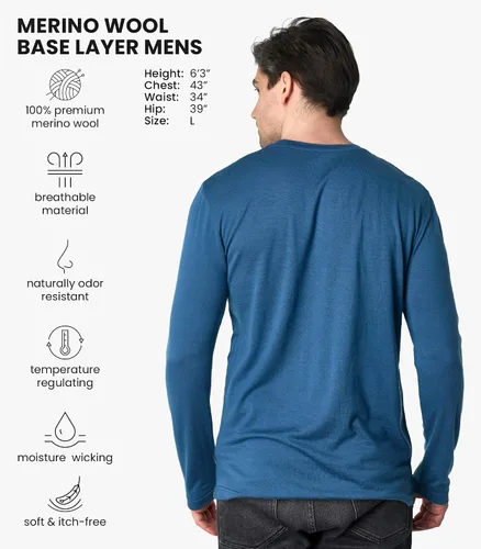 Vista 21 de Camisas 100% de lana merino para hombre - Camisa térmica de manga larga .190 Azul oscuro