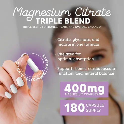 Vista 5 de Zeal Naturals Suplemento triple complejo de magnesio - glicinato, malato, citrato 400 mg, 180 cápsulas Magnesio quelado de alta absorción