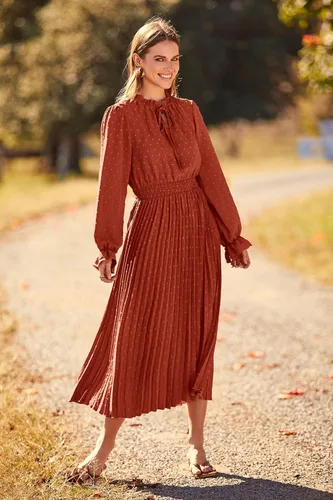 Vista 5 de PRETTYGARDEN Vestido midi de otoño 2024 para mujer, casual, manga larga, cuello en V, lunares suizos, plisado, acampanado, vestidos fluidos