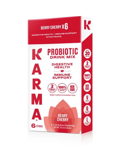 Vista 3 de Bolsa de Hidratación Probiótica Karma - Paquete de 6, Mezcla de Bebida en Polvo de Bayas y Cereza - Apoyo Inmunológico y de la Salud Intestinal Para