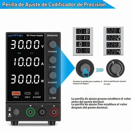 Vista 2 de Fuente de alimentación de CC variable, conmutación ajustable regulada (30 V 0-10A) con codificador grueso y fino perilla de ajustes, banco