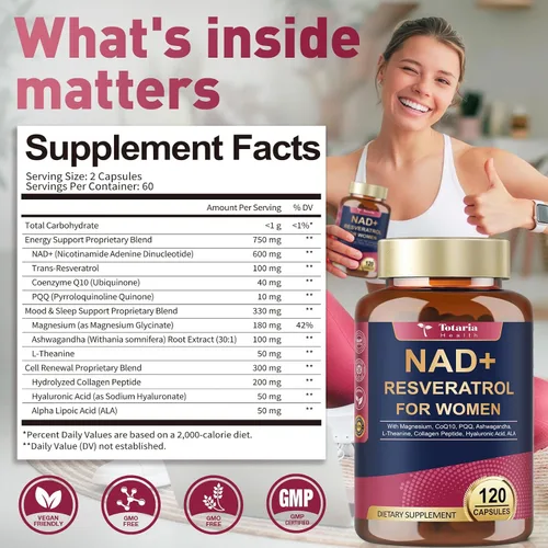 Vista 8 de Totaria Suplemento NAD+ para mujeres - Suplemento NAD Trans-Resveratrol con magnesio, CoQ10, PQQ, Ashwagandha, péptido de colágeno - Alternativa NMN