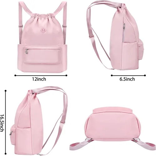 Vista 7 de BAVELOE Mochila con cordón y bolsillo húmedo, mochila de gimnasio resistente al agua, portabotellas, bolsa de cuerda para mujeres y hombres, Rosado