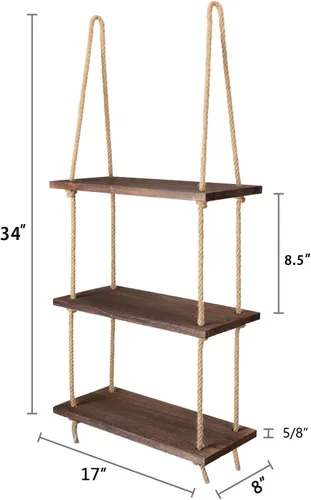 Vista 3 de Mkono Estantes colgantes de madera rústica de 3 niveles, estantes flotantes de pared para plantas de fotos, estante de almacenamiento colgante
