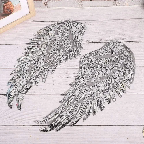 Vista 8 de HEEPDD 2 Pairs DIY Wing Sequin Patch, On Decoration, Gold and Silver Angel Wings for Creative Clothing Design, Perfect for Custom Apparel 2 Pairs