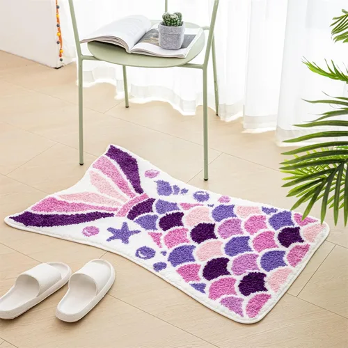 Vista 9 de Bonita alfombra de baño de sirena, divertida alfombra de baño con forma de cola de pez océano azul, escamas de sirena, para baño, antideslizante