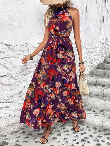 Vista 6 de WDIRARA Vestido largo sin mangas con estampado floral y dobladillo con volantes, acampanado, para verano