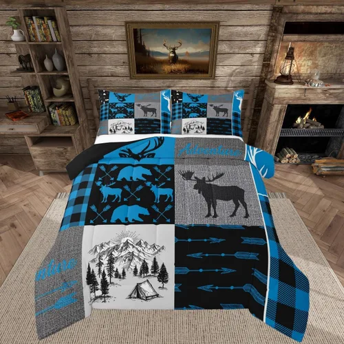 Vista 25 de Juego de edredón de cabaña rústica navideña, juego de ropa de cama estilo rústico con diseño de osos y ciervos, tamaño completo, patchwork Multi 08