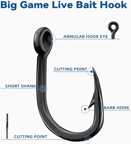 Vista 4 de BLUEWING Big Game Live Bait Hooks Heavy Duty Cutting Point, High Carbon Steel Ringed Hooks for Saltwater Fishing