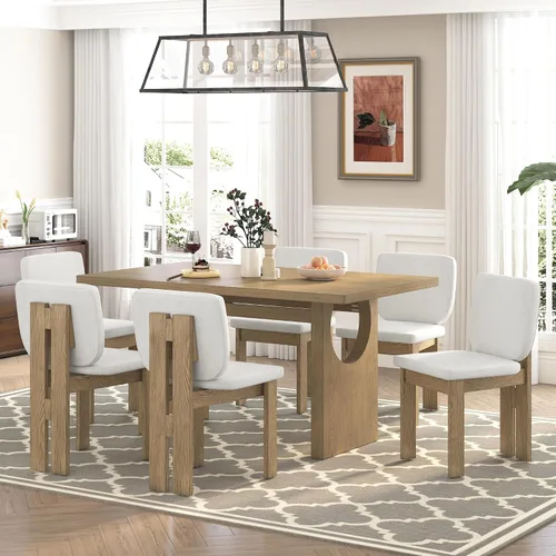 Vista 12 de Merax Juego de mesa de comedor extensible de 7 piezas para 6, mesa de cocina rectangular con 6 sillas tapizadas y respaldo curvado para comedor