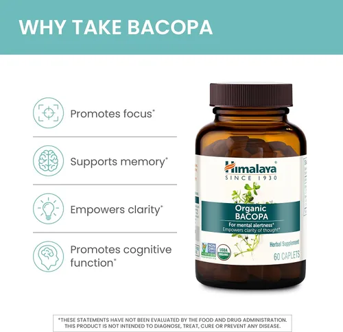 Vista 4 de Himalaya Bacopa orgánica - Suplementos herbales de Bacopa Monnieri para el apoyo a la memoria y la concentración - USDA Orgánico, vegano, sin OMG