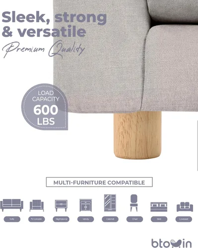 Vista 6 de Patas para muebles de madera maciza, 4 patas redondas modernas de moño, patas de sofá con pernos roscados de 5/16 pulgadas, placa de montaje