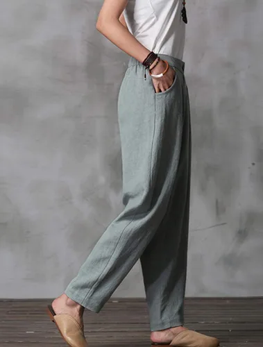 Vista 4 de Minibee - Pantalones informales de lino para mujer con cintura elástica y bolsillos