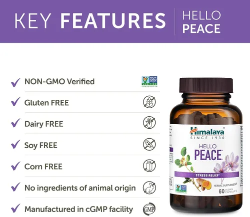 Vista 5 de Himalaya Hello Peace - Suplemento herbario para aliviar el estrés con Ashwagandha y cúrcuma para cortisol normal y apoyo suprarrenal, vegano, sin