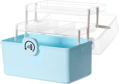 Vista 8 de Sooyee Organizadores y almacenamiento de manualidades, caja de plástico con bandeja plegable de 3 niveles, organizador de almacenamiento