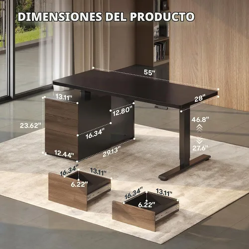 Vista 2 de FLEXISPOT Escritorio ejecutivo de pie de 55 pulgadas con cajones y gabinete