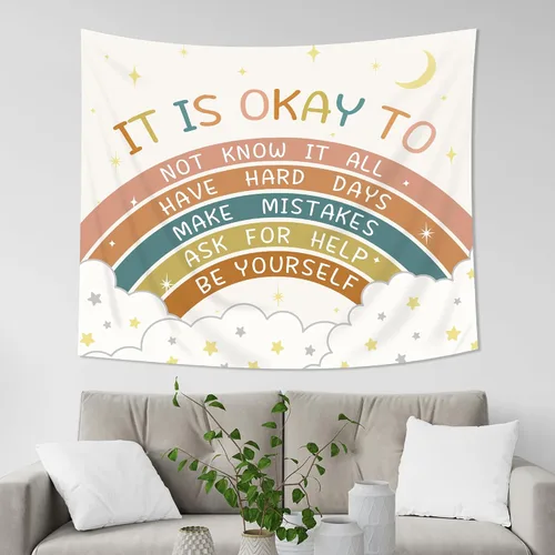 Vista 2 de Imirell Tapiz bohemio con citas positivas de arco iris, 59 pulgadas de ancho x 51 pulgadas de alto, palabras motivacionales inspiradoras para niños