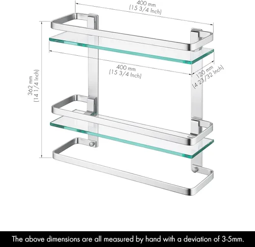 Vista 2 de KES Estante de vidrio templado para baño, estante de vidrio de almacenamiento de 2 niveles, rectangular con barra montado en la pared, acabado