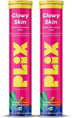 Vista 14 de PLIX Glowy Skin Suplemento de glutatión de 500 mg con ácido hialurónico, vitamina C, E y bayas 15 tabletas efervescentes, sabor fresa