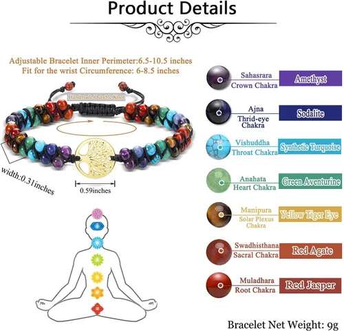 Vista 7 de PESOENTH 7 pulseras de cristal curativo para mujer, piedras preciosas naturales, yoga, reiki, chakras, piedras de ansiedad, árbol de la vida