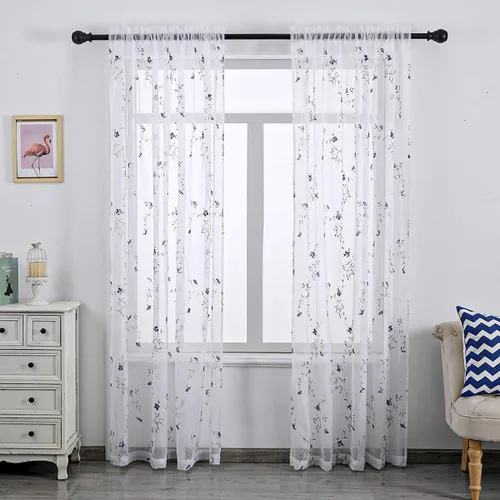 Vista 19 de Taisier Home Cortinas Traslúcidas Blancas Florales con Estampado de Flores y Bordado de Enredaderas para Dormitorio, Cortina con Bolsillo