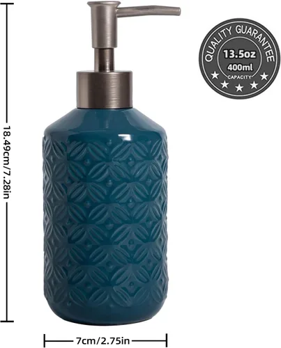 Vista 2 de FE Dispensador de jabón, dispensador de jabón de cerámica de 13.5 onzas con diseño vintage en relieve, recargable para cocina y baño (azul)