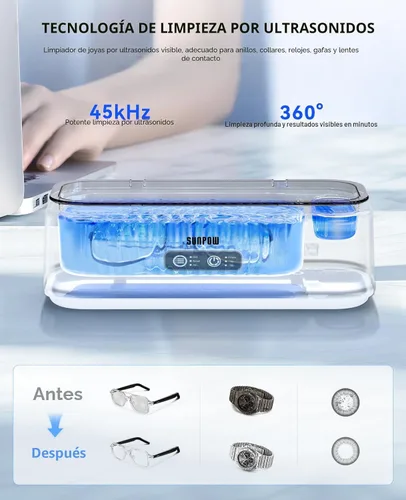 Vista 2 de SUNPOW Máquina Limpiadora Ultrasónica de Joyería – Cámaras Duales para Lentes de Contacto y Joyas, Limpiador Sónico de 45kHz para Plata y Oro