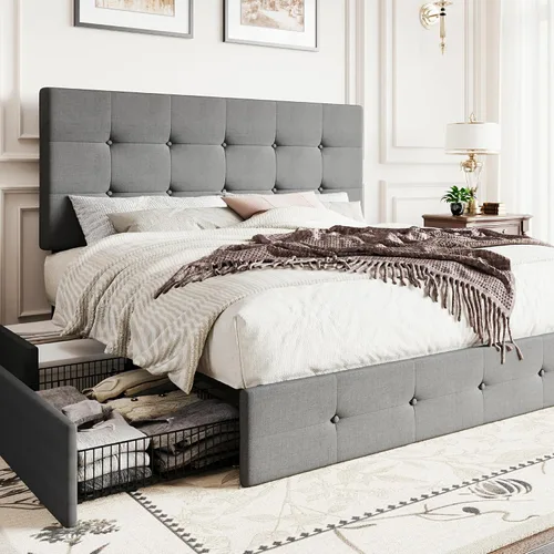 Vista 18 de SHA CERLIN Base de cama de plataforma tamaño matrimonial tapizada con 4 cajones de almacenamiento, cabecero ajustable con diseño cosido en cuadrados