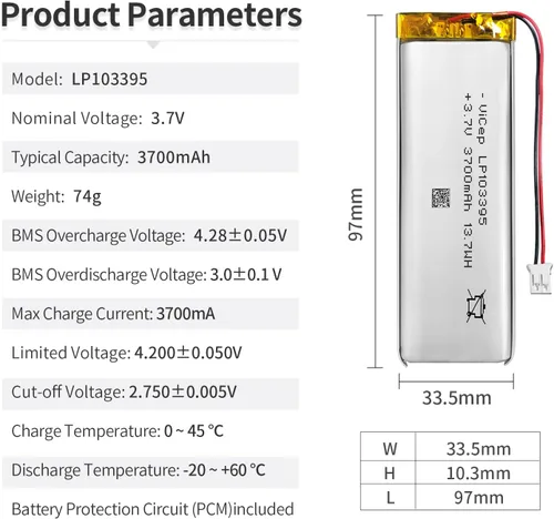 Vista 2 de Batería de polímero de litio de 3.7 V 3700 mAh 103395 recargable con cables y conector JST-PHR-02 de 2 pines para altavoz Bluetooth y dispositivo