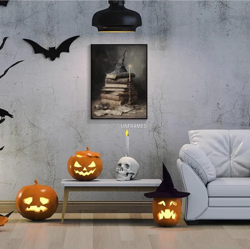 Vista 3 de Póster de lienzo vintage de Halloween de Academia oscura gótica, victoriana, bruja, arte de pared espeluznante casa embrujada, arte abandonado